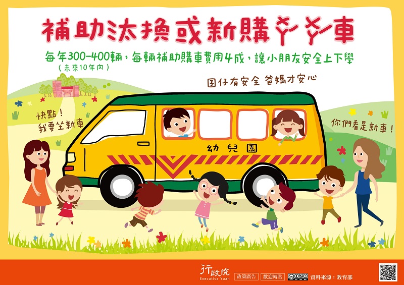 補助汰換或新購娃娃車，每年300-400輛，每輛補助購車費用4成，讓小朋友安全上下學